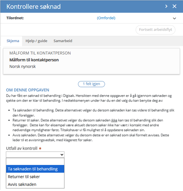 Velg utfall av kontroll