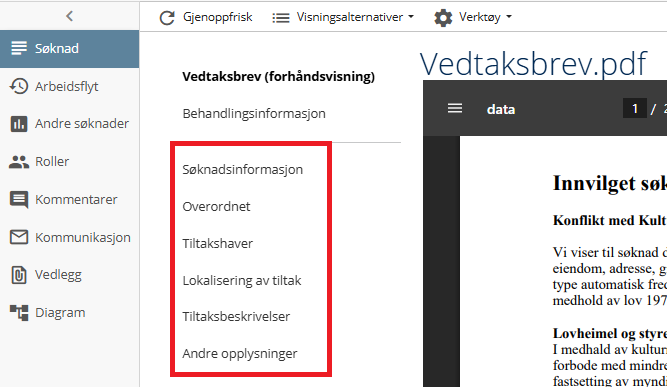 veksle mellom søknad og vedtak