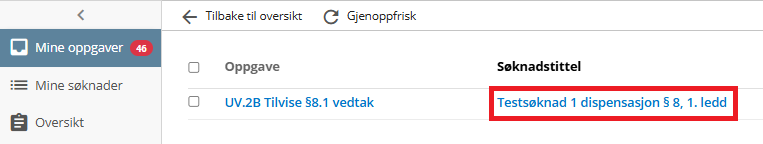 Klikk på søknadstittel
