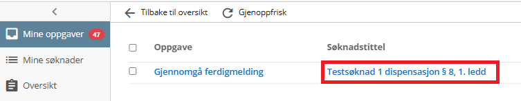 Klikk på søknadstittel