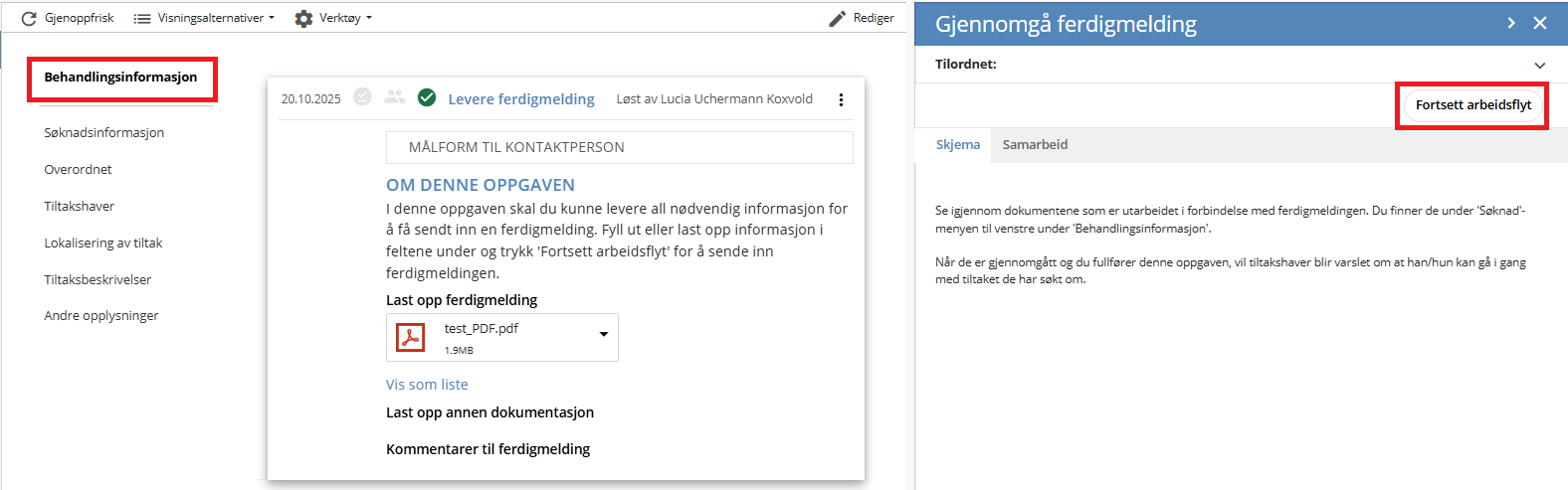 Gjennomgå ferdigmelding