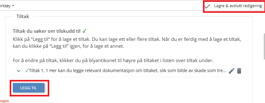 Legg til tiltak og lagre